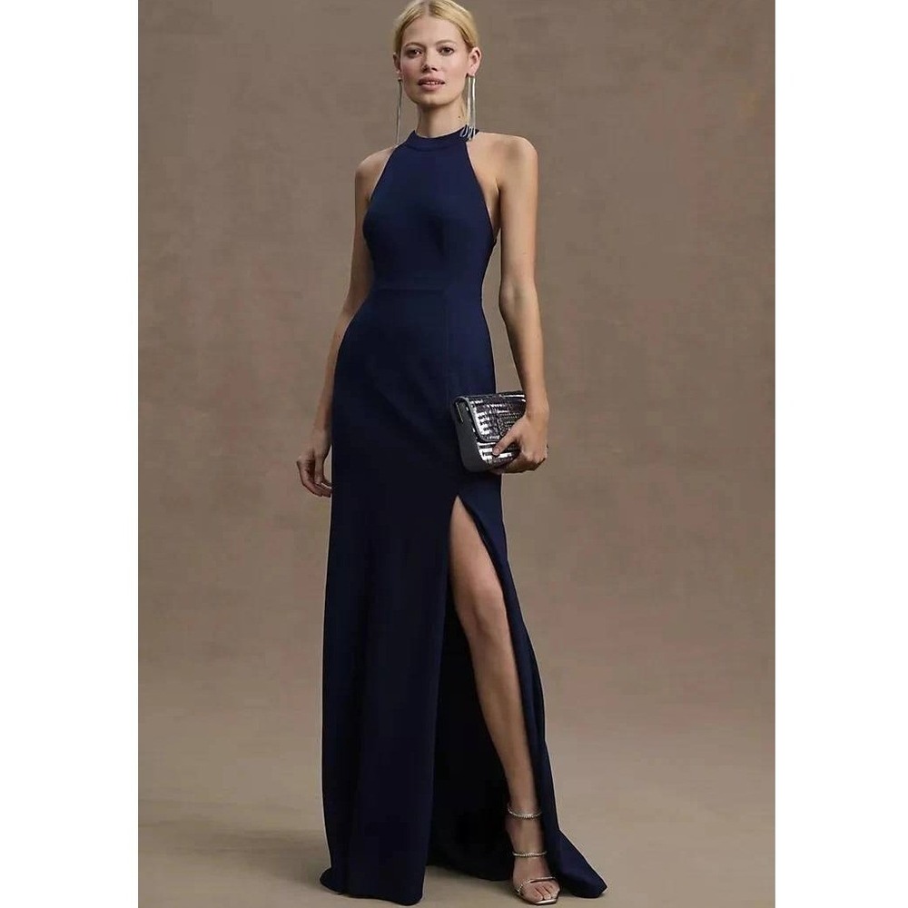 BHLDN Anthropologie Lennox Halter Open Back Gown Size 4 Navy Blue Formal Wedding